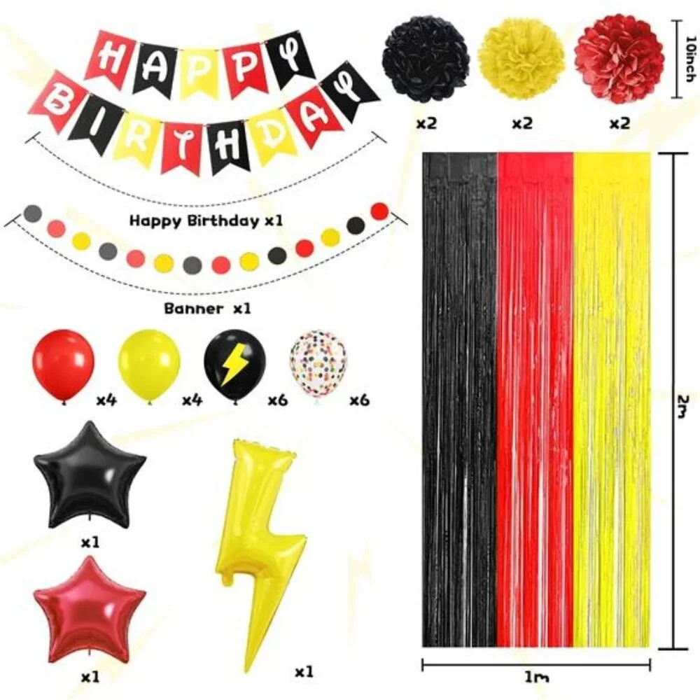 Red Yellow Black Birthday Party Decorations Balloons Banner Fringe Curtain Set